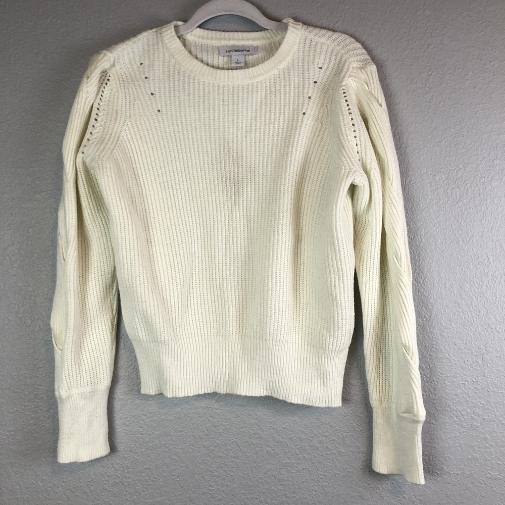 Liz Claiborne Sweater Womens Large White‎ Cable Knit Pullover Classic Casual Top